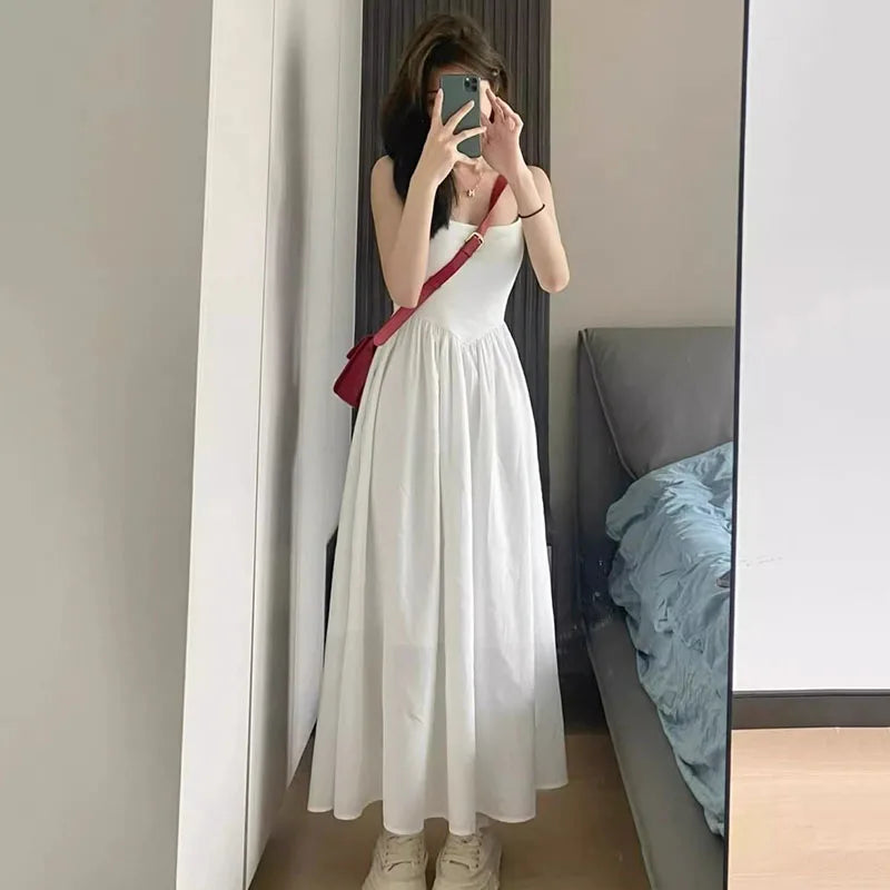 Fashion High Waisted Suspender Dress Female Summer Casual Simple Versatile Long Dresses Women Elegant Streetwear Camisole Dress