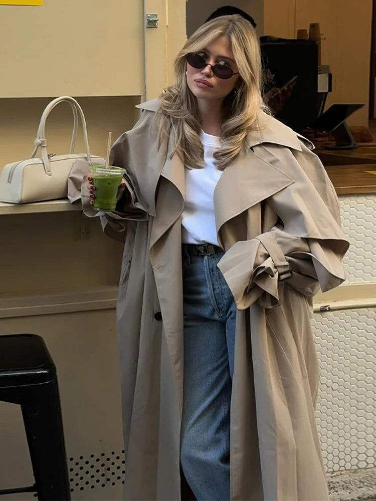 Women Lace Up Shawl Sleeve Windbreaker Fashion Solid Lapel Single Breasted Loose Trench Coat 2026 Autumn Lady Commuter Outwear