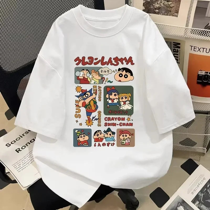 2026 Japanese Style Summer Crayon Shin Chan Cartoon Character T-shirt Harajuku Fashion Cotton Leisure Sexy Women's T-shirt Top