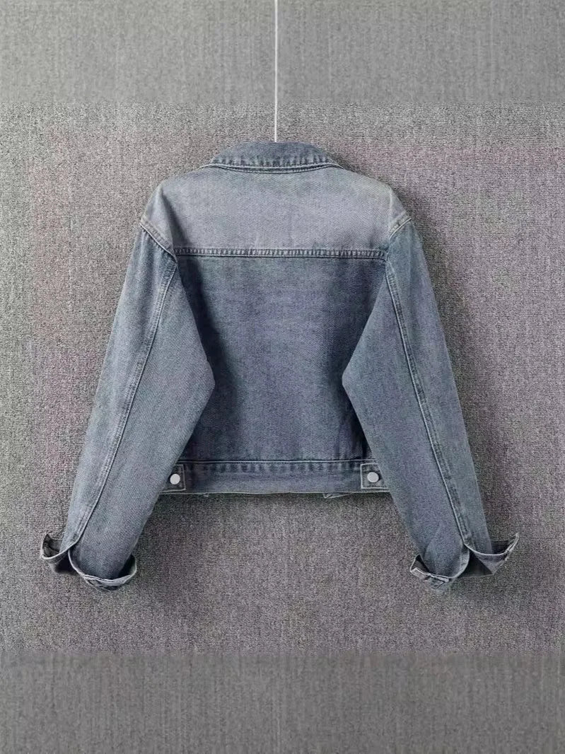 Retro Spring and Autumn New Denim Jacket for Women, Short, Simple and Casual Model, Retro Color Washed Texture Top Denim Jacket