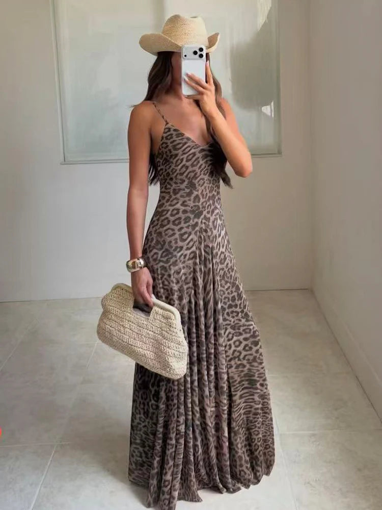 TFMLN Summer Women Vintage Leopard Print Sling Dress Sexy Party Suspender Sleeveless Backless Slimming Maxi Dress Lady New