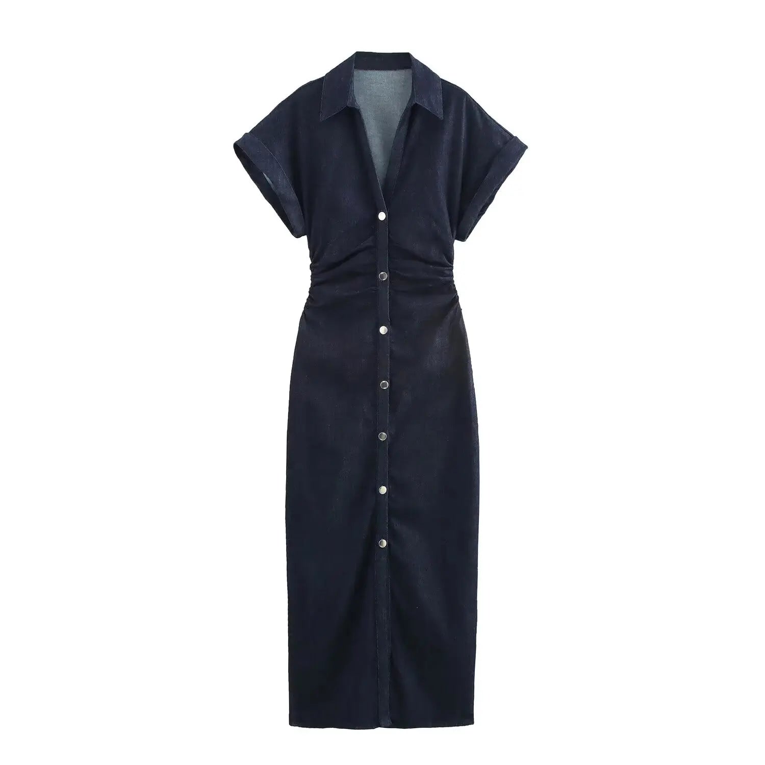 ETJ 2026  Spring New 1975 series denim MIDI dress with lapel side zipper fashion wrinkle waist slim elegant dress