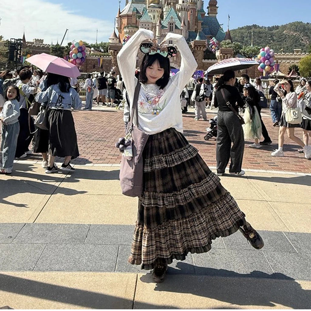 2026 New Tiered Ruffled Plaid Skirt Women's High Waist Long Maxi Skirt Vintage Cottagecore Aesthetic Daily Skirt