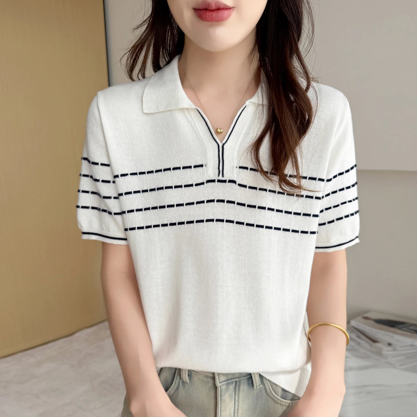 Summer women's 100% pure cotton T-shirt casual striped knitted Tees loose POLO collar Tops basic white versatile wholesale