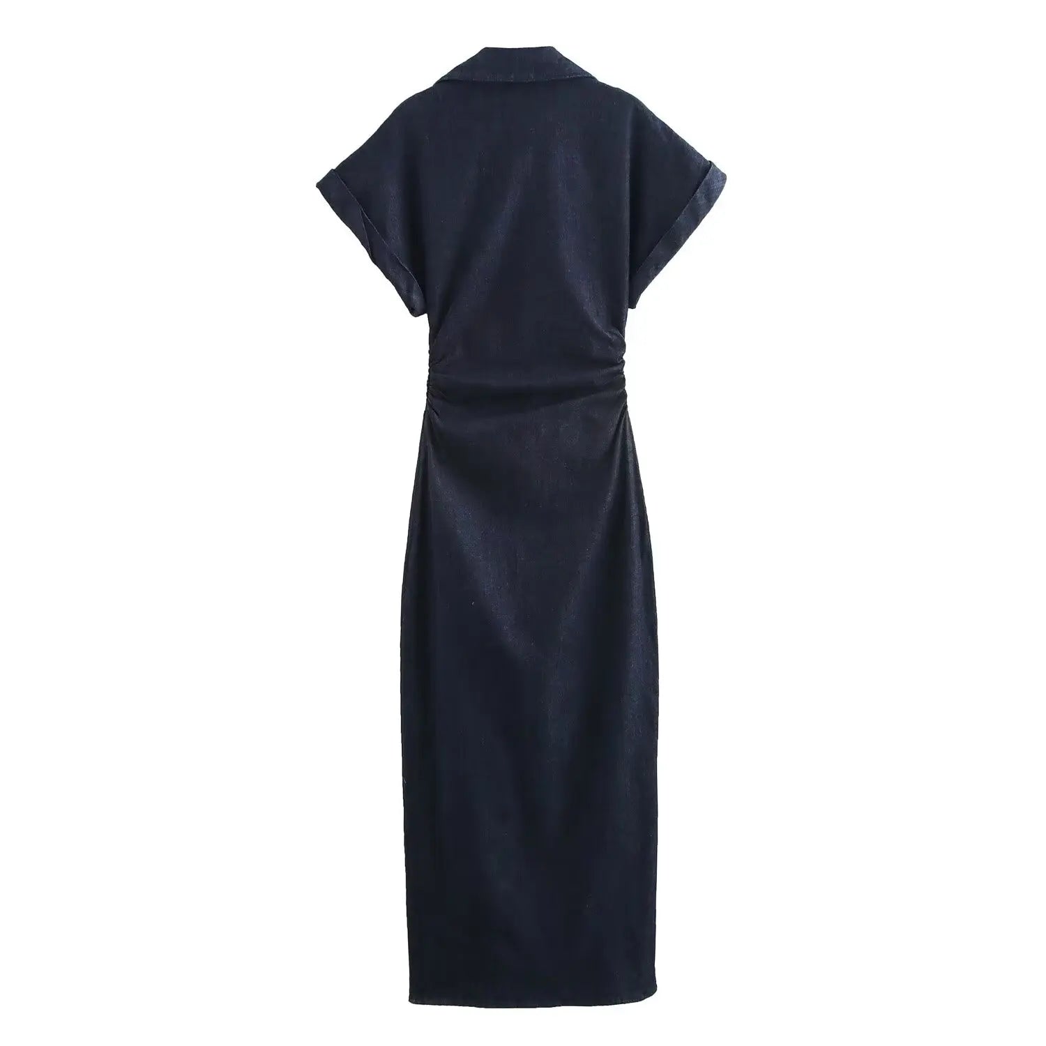 ETJ 2026  Spring New 1975 series denim MIDI dress with lapel side zipper fashion wrinkle waist slim elegant dress