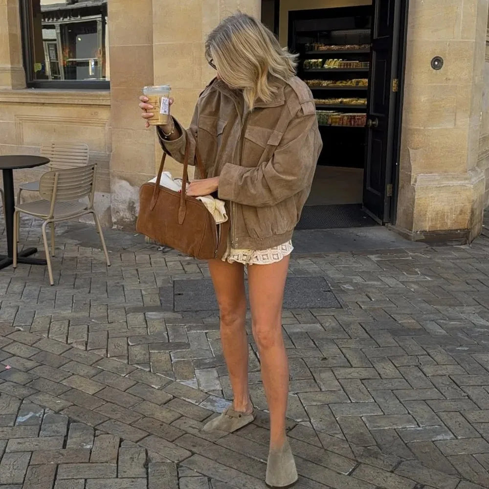 KONDALA Chic Suede Women Bomber Jacket Women Long Sleeve Pockets Straight Loose Coat Fashion 2026 Fall Winter Streetwear Outwear