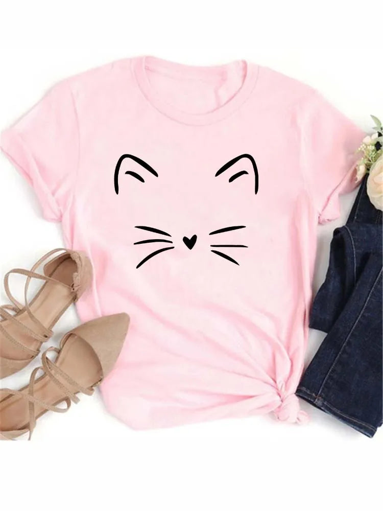 Women Kawaii Cats Print Summer Cute Women Tshirt Funny Cartoon T Shirt Female Ullzang T-shirt 90s Fashion Korean Style Top Tee