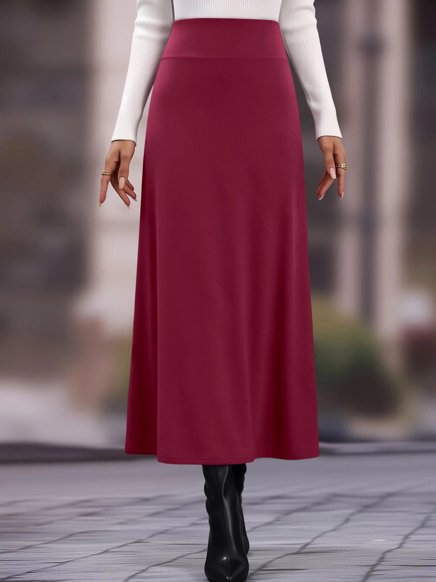 Women High Waist Midi Skirt Flared Silhouette Comfortable Fit Versatile for Brunch Vacations Work  Solid Colors