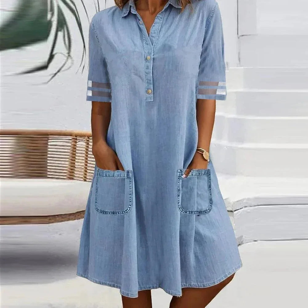 Women Denim Dresses Button Solid Dress Turn Down Collar Pockets Streetwear Short Sleeve A Line Regular Vestidos Summer 2026