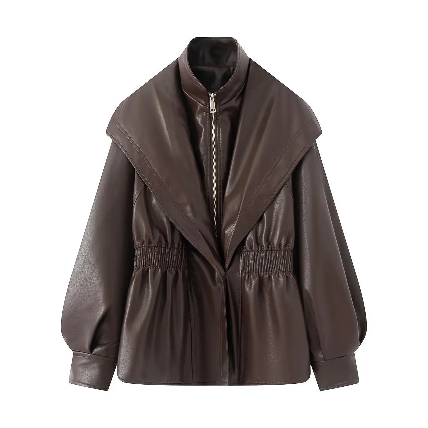 New Fall Winter High Street Warm Brown Zipper Pu Leather Jacket Women Casual Lapel Elastic Waist Cinching Coat Outwear Clothes