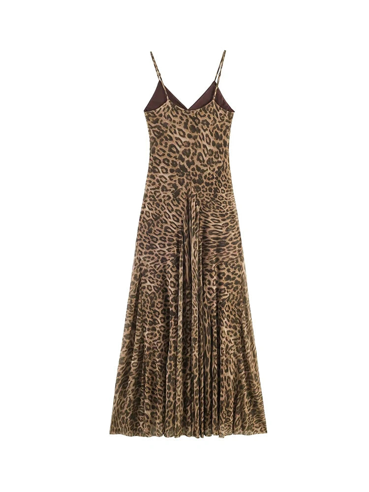 TFMLN Summer Women Vintage Leopard Print Sling Dress Sexy Party Suspender Sleeveless Backless Slimming Maxi Dress Lady New
