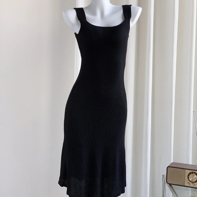 Spring Summer Skinny Mini Sleeveless Knit Dress Women Camisole Dresses Fashion Female Vintage Elastic Straps Knitted Dress