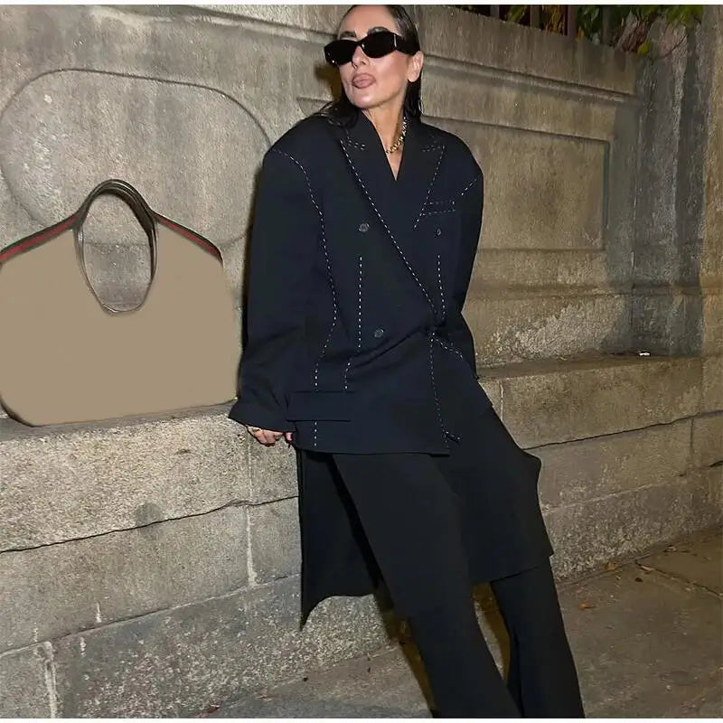 Striped Blazer Coat Women Casual Loose Lapel Double-breasted Long Sleeve Coat 2026 Spring New Office Lady Commuter Blazer Jacket