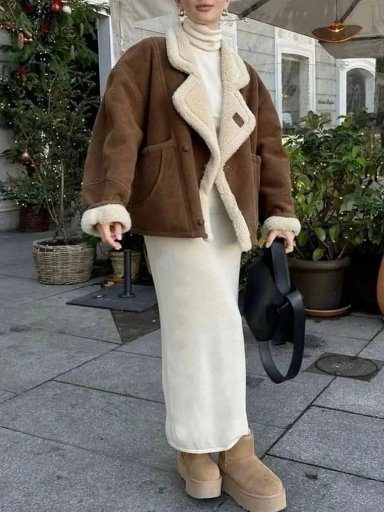 Fashion Lamb Wool Patchwork Suede Jacket Women Lapel Long Sleeve Single Breasted Loose Short Coat Winter Lady Street Outwear