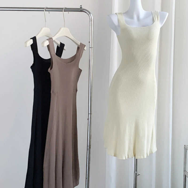 Spring Summer Skinny Mini Sleeveless Knit Dress Women Camisole Dresses Fashion Female Vintage Elastic Straps Knitted Dress