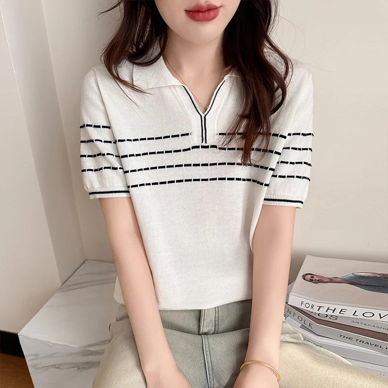 Summer women's 100% pure cotton T-shirt casual striped knitted Tees loose POLO collar Tops basic white versatile wholesale