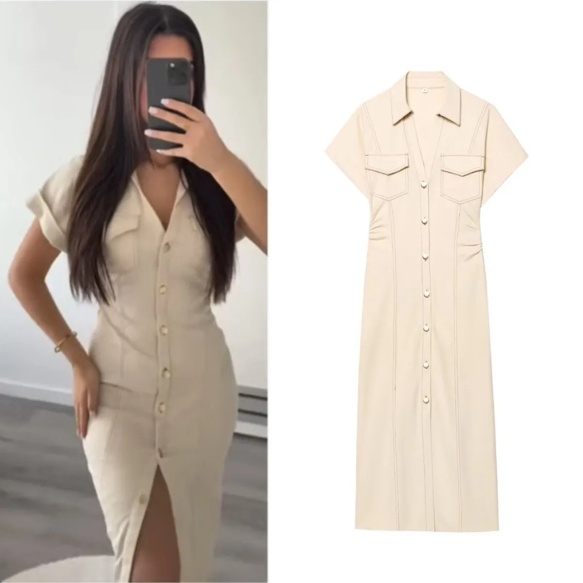 ETJ 2026  Spring New 1975 series denim MIDI dress with lapel side zipper fashion wrinkle waist slim elegant dress