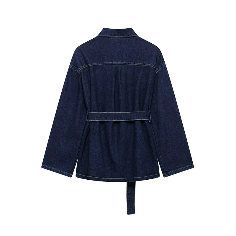 Willshela Women Fashion With Belt Denim Blue Single Breasted Jackets Vintage Lapel Neck Long Sleeves Female Chic Lady Outfits