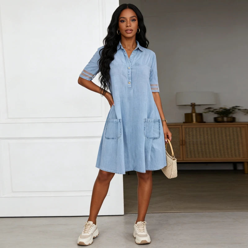 Women Denim Dresses Button Solid Dress Turn Down Collar Pockets Streetwear Short Sleeve A Line Regular Vestidos Summer 2026