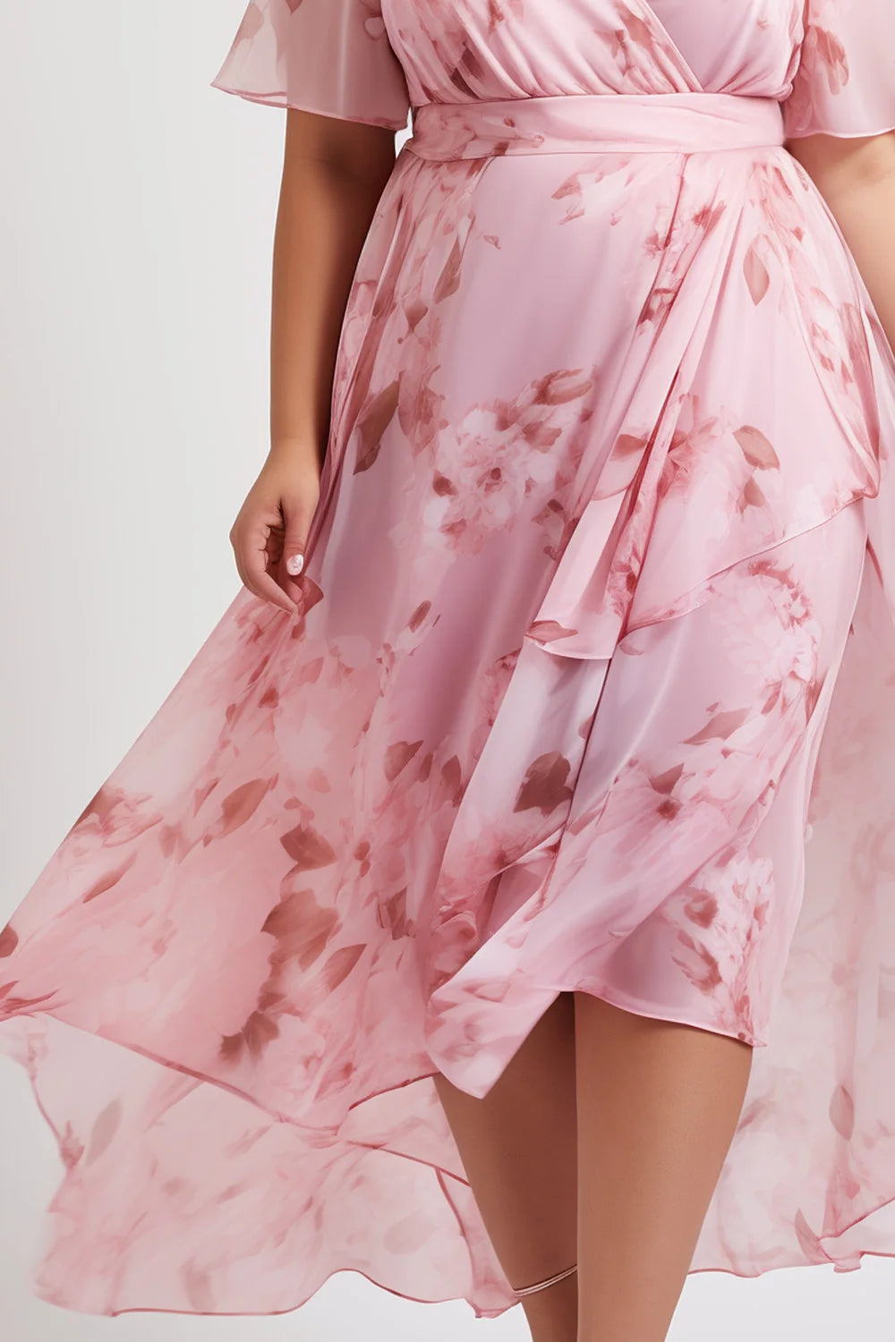 Plus Size Vacation Pink Chiffon Floral Print Wrap Slit Maxi Dress