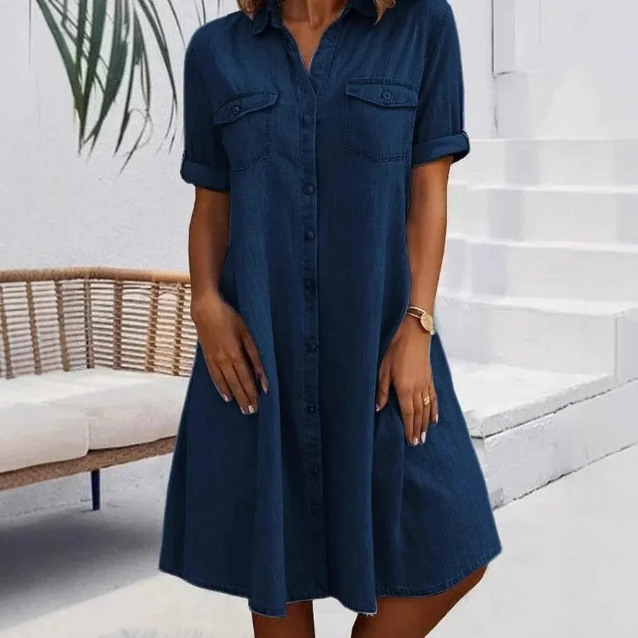 2026 Design Sense Five Quarter Sleeve Loose Fit Denim Plus Size Women's Slim Fit Dress