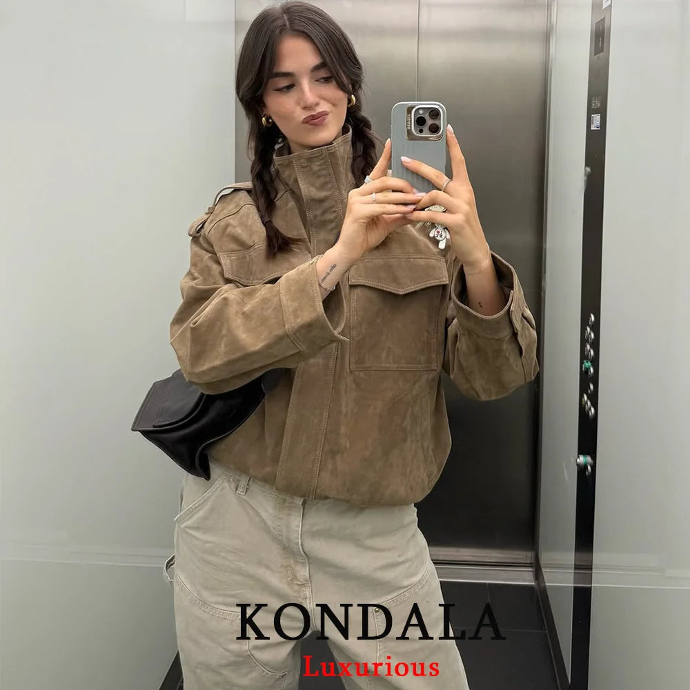 KONDALA Chic Suede Women Bomber Jacket Women Long Sleeve Pockets Straight Loose Coat Fashion 2026 Fall Winter Streetwear Outwear
