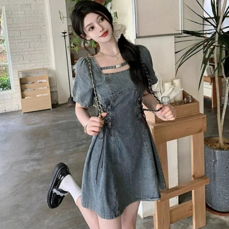 Women's French Style Denim Dress 2026 Summer New Arrival Vintage Wash Waist Tuck Belly Cover Bubble Sleeve Casual Mini Dress