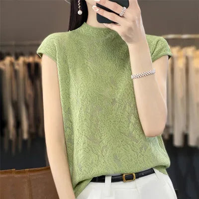 Women's T-shirt Summer New Knitted Sweater Short Sleeve Casual Solid Color O-Neck Pullover Loose Korean Fashion Top T-shirt