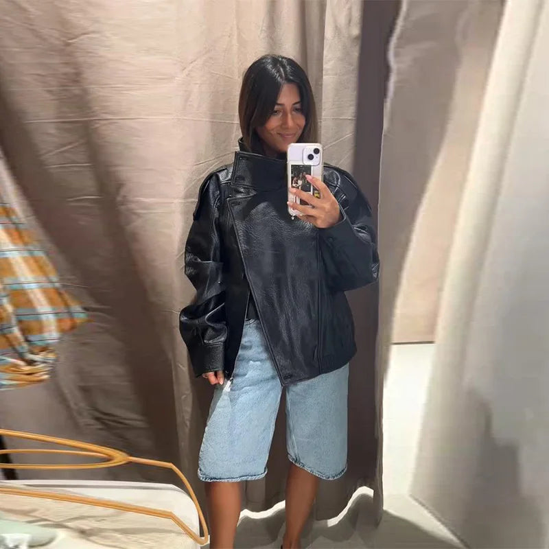 Stand Collar Short Leather Jacket Women Zipper Solid Single Breasted Full Sleeve Lapel Belt Coat 2026 Autumn Lady Chic Outwears