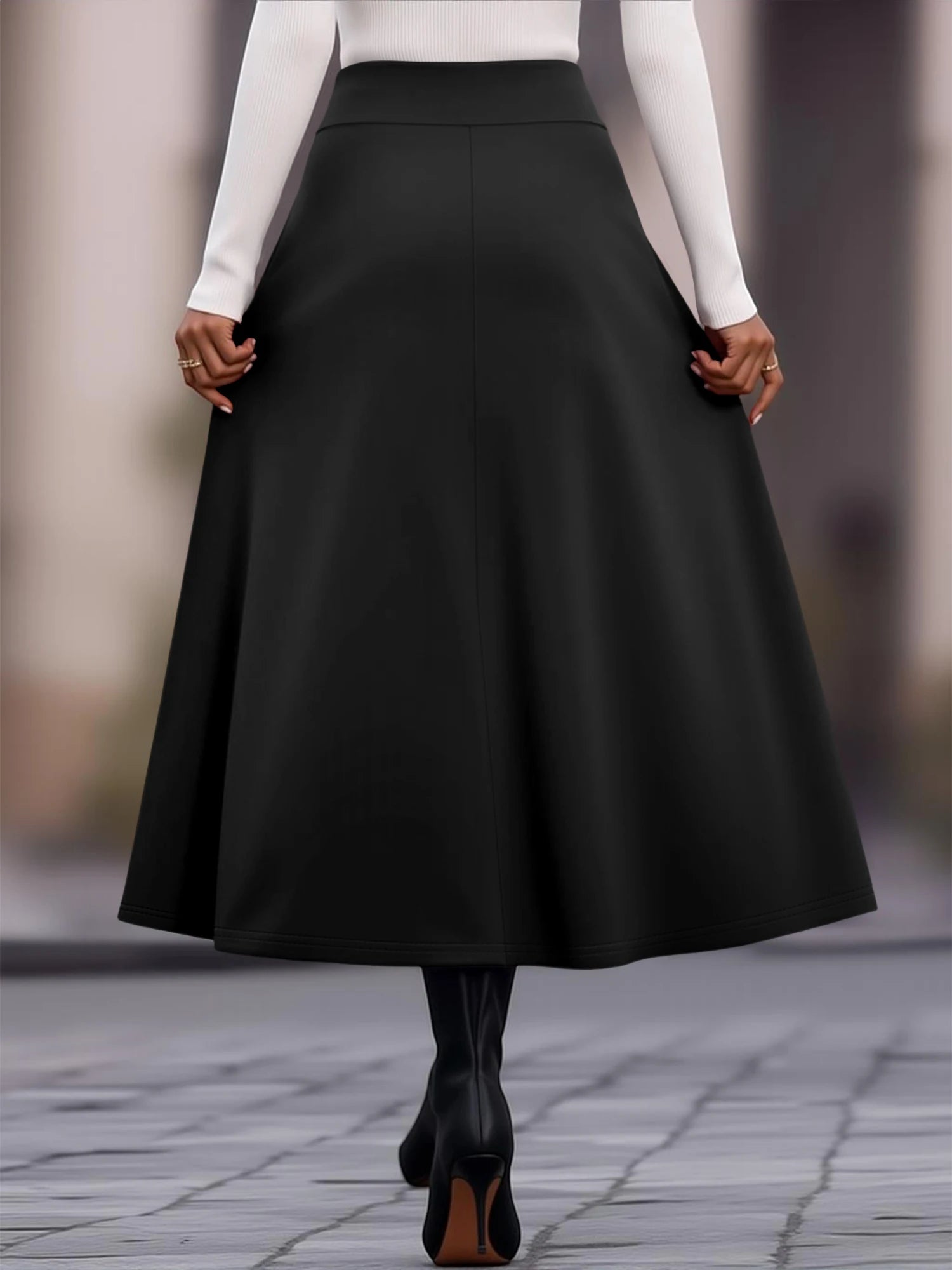 Women High Waist Midi Skirt Flared Silhouette Comfortable Fit Versatile for Brunch Vacations Work  Solid Colors