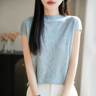 Women's T-shirt Summer New Knitted Sweater Short Sleeve Casual Solid Color O-Neck Pullover Loose Korean Fashion Top T-shirt