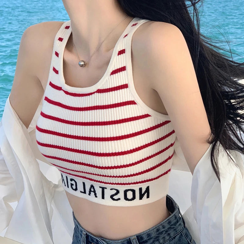 ITOOLIN Women Stripes Sexy Slim Crop Top Letter Printed Sports Tank Top Y2k Sleeveless Street Camis Beach Top Spring Summer