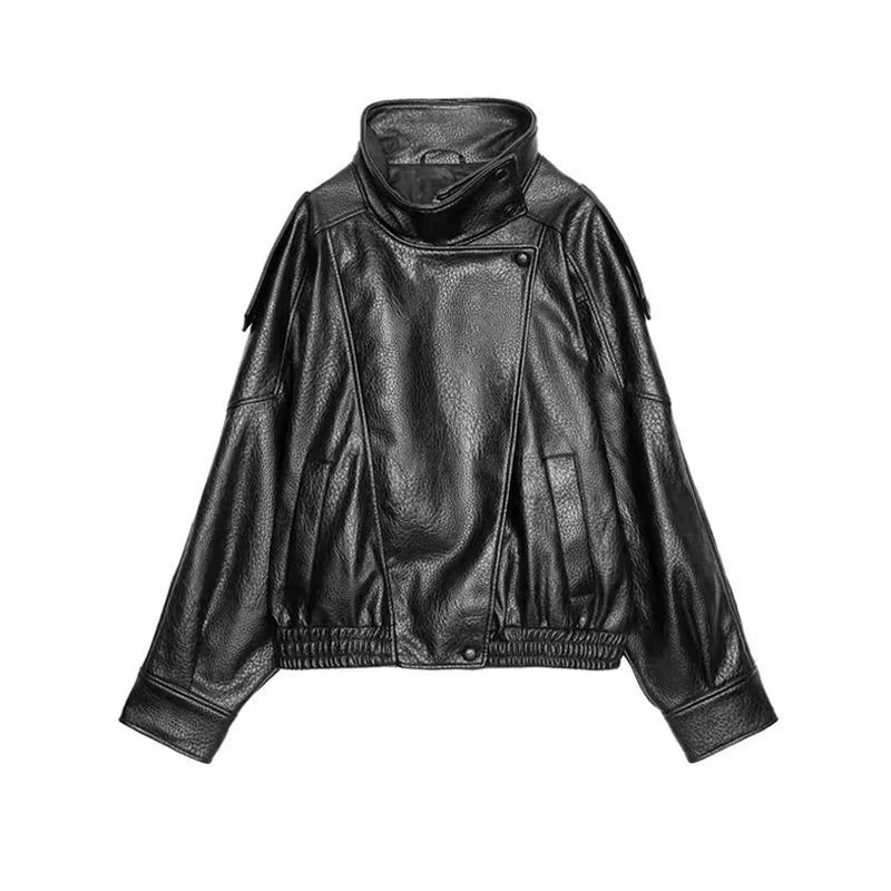 Stand Collar Short Leather Jacket Women Zipper Solid Single Breasted Full Sleeve Lapel Belt Coat 2026 Autumn Lady Chic Outwears