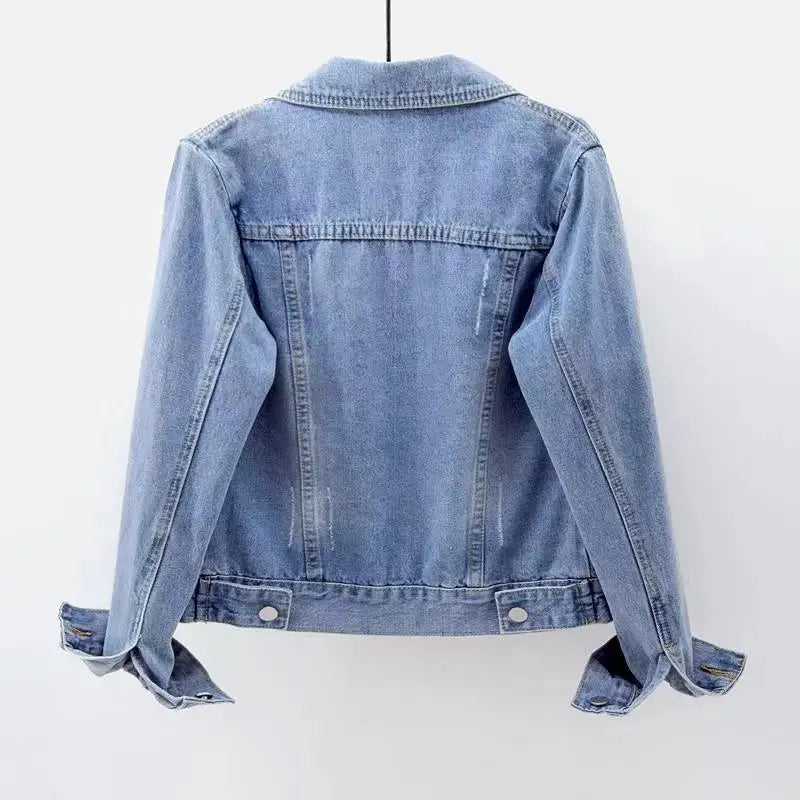 Women's Denim Jacket Short Slim Fit Washed Coat Single-breasted Long-sleeve Cardigan Simple Versatile Daily Casual Top Trendy