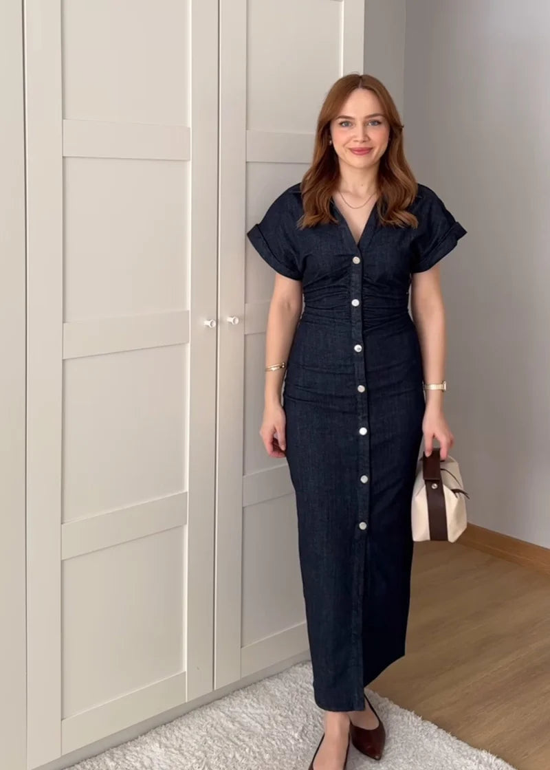 ETJ 2026  Spring New 1975 series denim MIDI dress with lapel side zipper fashion wrinkle waist slim elegant dress