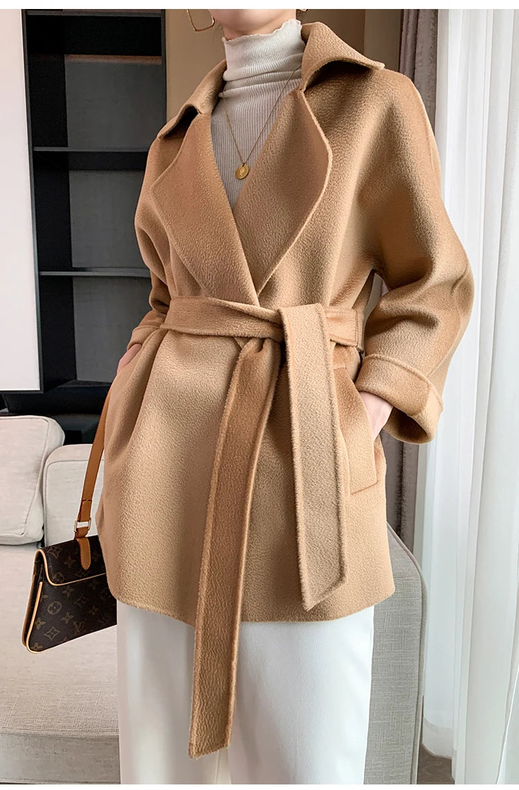 Autumn New Short Double-sided Cashmere Water Ripple Coat Women Turn-down Collar Loose Tempeament Warm Casual wool Jacket Female