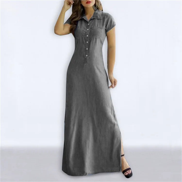 Europe And America Cross Border New Long Dress Shirt Collar Split Pocket Large Swing Dress Large Casual Denim Dress