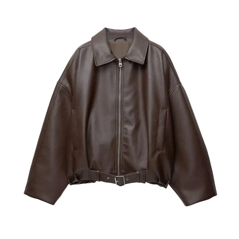 Stand Collar Short Leather Jacket Women Zipper Solid Single Breasted Full Sleeve Lapel Belt Coat 2026 Autumn Lady Chic Outwears